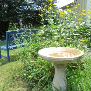 August 2015 - bird bath and bench - My Yellow Farmhouse.com